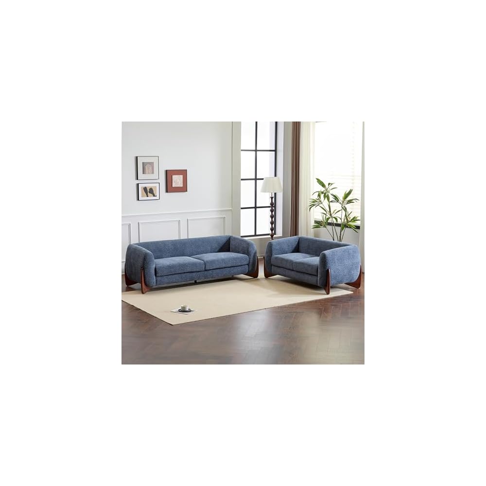 Christopher Knight Home Almad 2 Pieces Sofa Couch Set, Cozy 3-Seater Sofa and Loveseat for Living Room, Upholstered Couch Chair, Soft Seating Lounge Sofa with Wood Frame, Boucle Fabric, Navy Blue