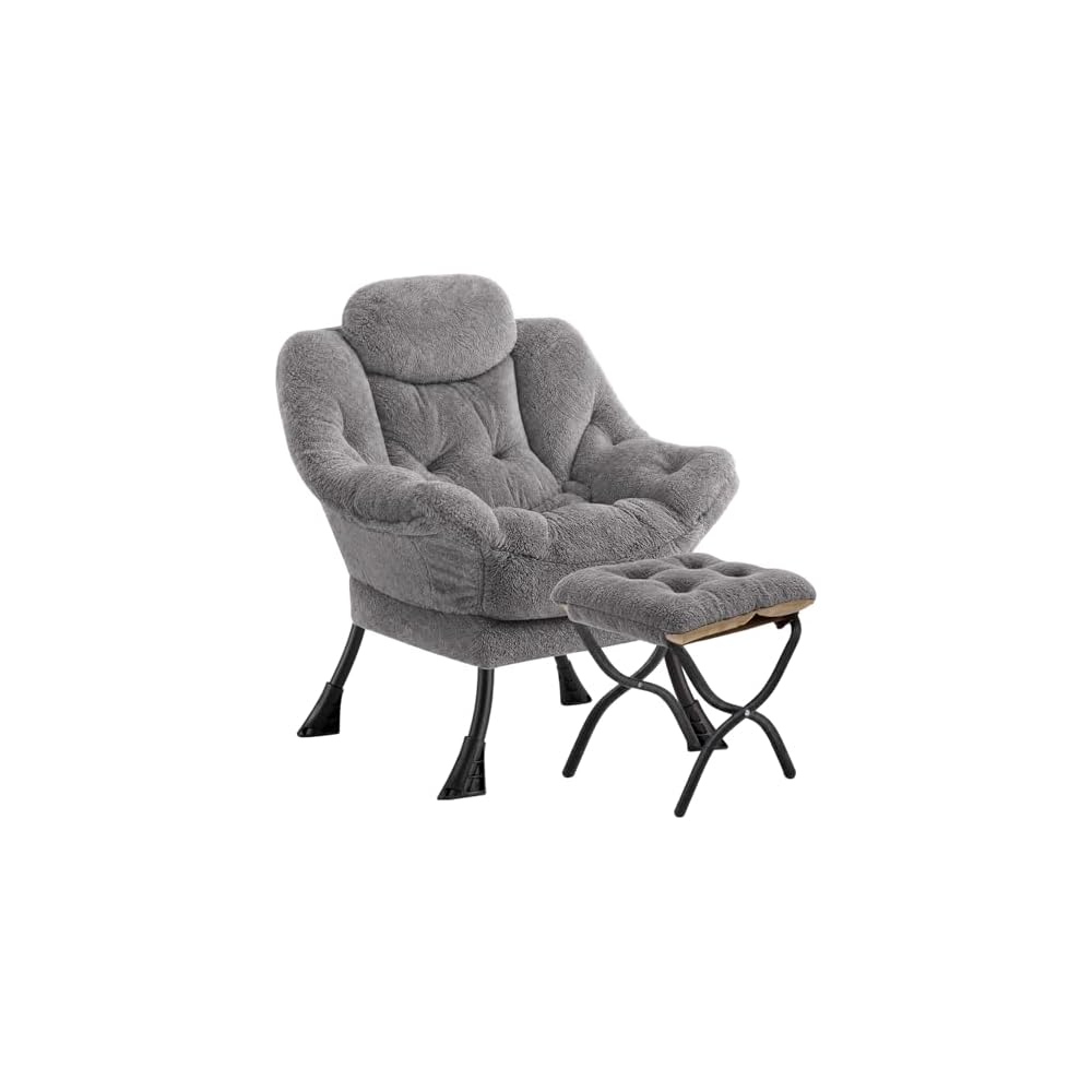 Lazy Chair with Folding Ottoman Modern Large Accent Chair,Contemporary Lounge Leisure Sofa Chair with Armrests Upholstered Sofa Armchair Reading Chair for Bedroom,Dorm & Office (Beige-f)
