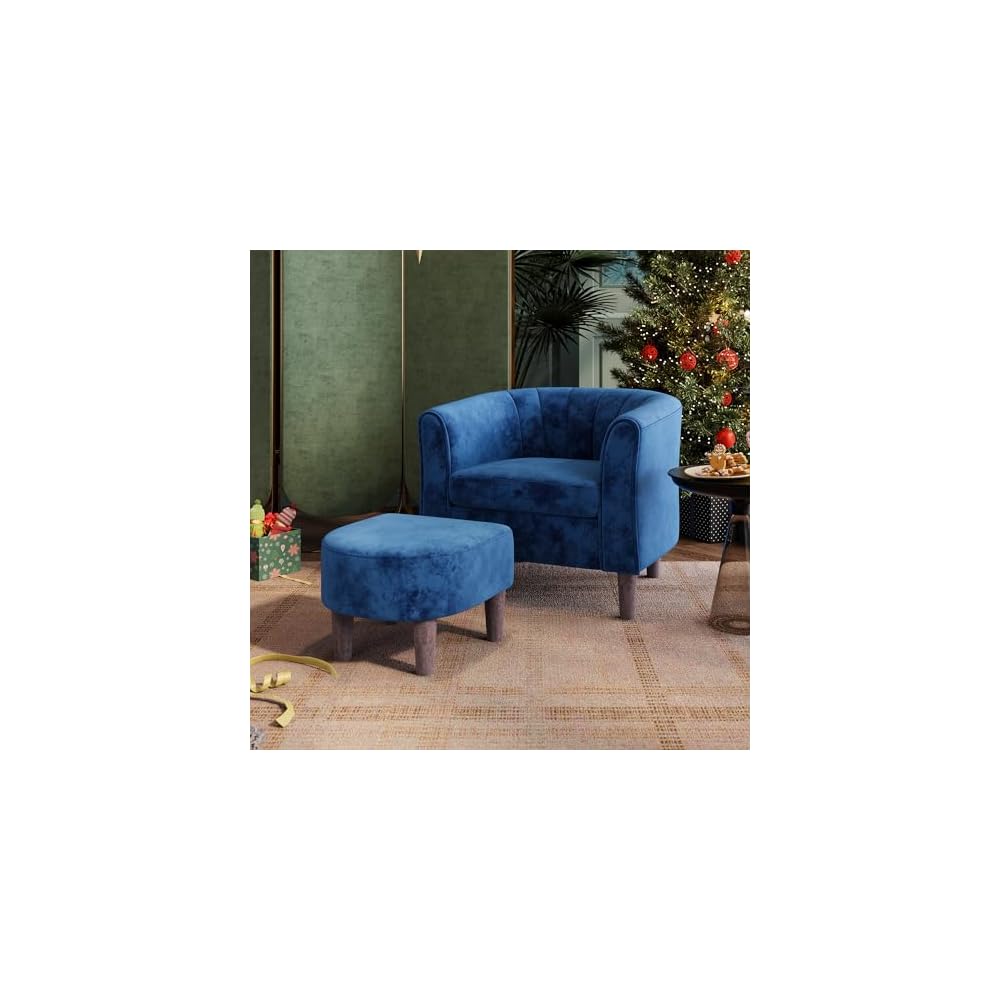 LINSY Accent Chair with Ottoman, Modern Barrel Chair Small Armchair Reading Chair with Footrest, Comfy Round Arms Chair for Living Room Bedroom Reading Room, Velvet, Beige