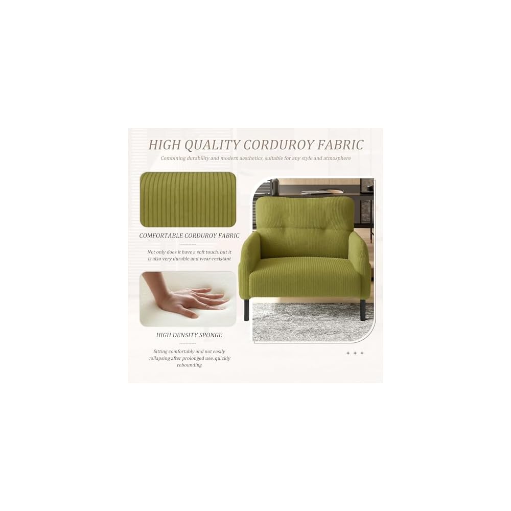 KEIKI 26" Corduroy Single Sofa Chair with Double Side Pockets & High Resilience Cushion, Modern Ergonomic Design Upholstery Oversized 1-Seater Accent Chair, Easy Assembly, for Living Room, Olive Green