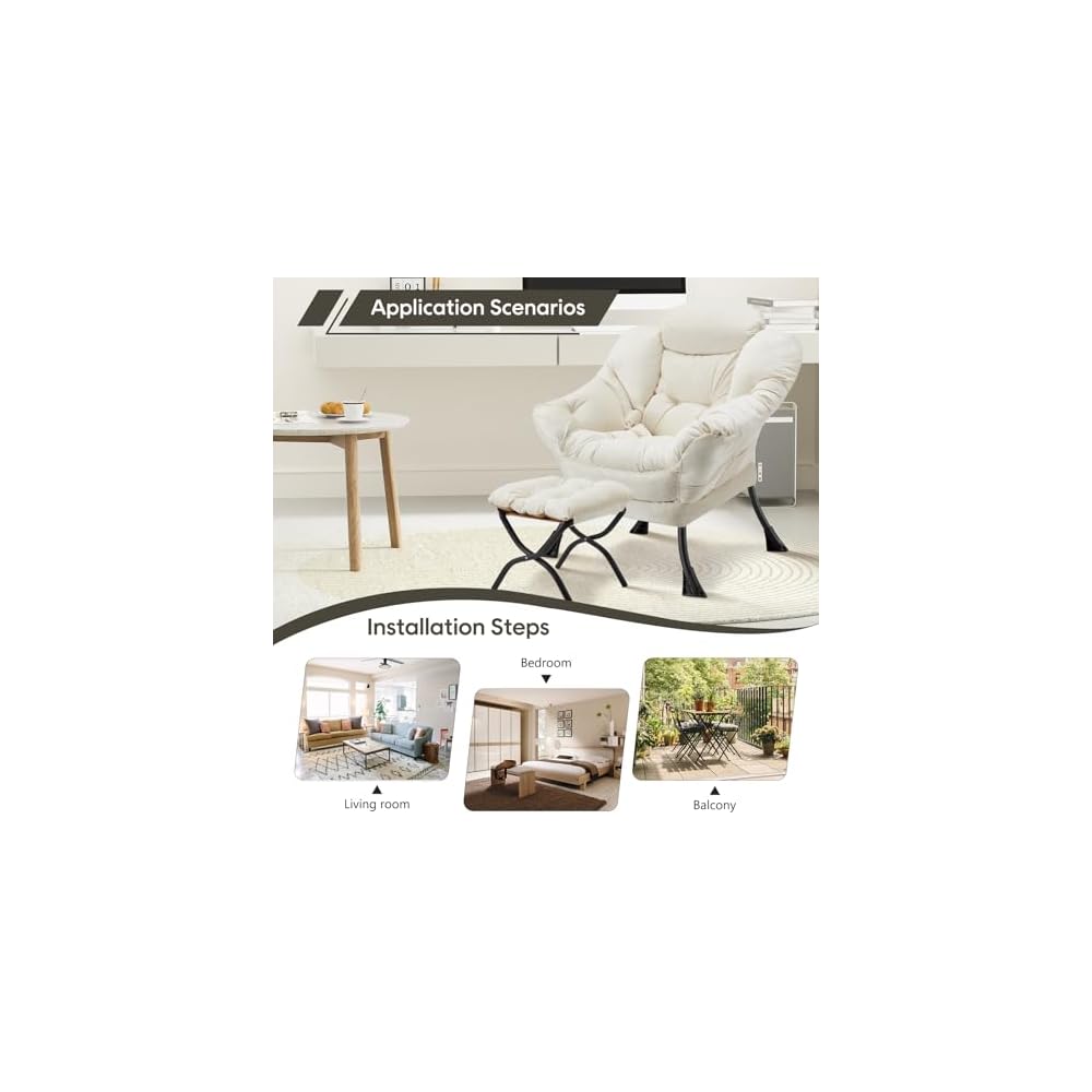 Lazy Chair with Folding Ottoman Modern Large Accent Chair,Contemporary Lounge Leisure Sofa Chair with Armrests Upholstered Sofa Armchair Reading Chair for Bedroom,Dorm & Office (Beige-f)