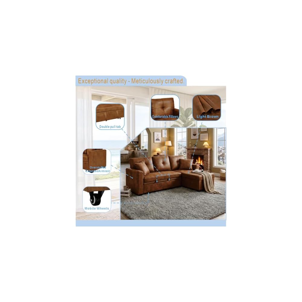 71" Convertible Sectional Sleeper Sofa with Pull Out Bed, Reversible L-Shaped Couch with Storage Chaise, 3 Seater Sofa Bed for Apartment & Small Spaces, Leather-Look Distressed Fabric, Brown