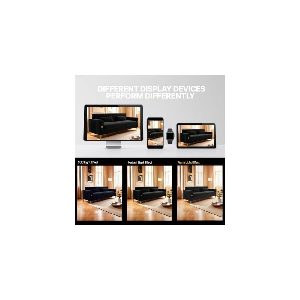 KEIKI 86" Oversized Luxury Velvet Sofa with Armrest and Removable Plush Cushions, Minimalist Gold Accents 3-Seater Couch with Solid Legs, Easy Assembly, for Living Room, Bedroom, Apartment, Black