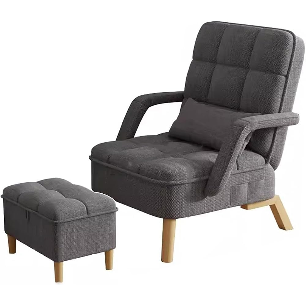Modern Armchair with Soft Cushion and Ottoman Recliner Chair for Bedroom or Living Room Lounge Seat with Pillow Wood Legs Dark Grey