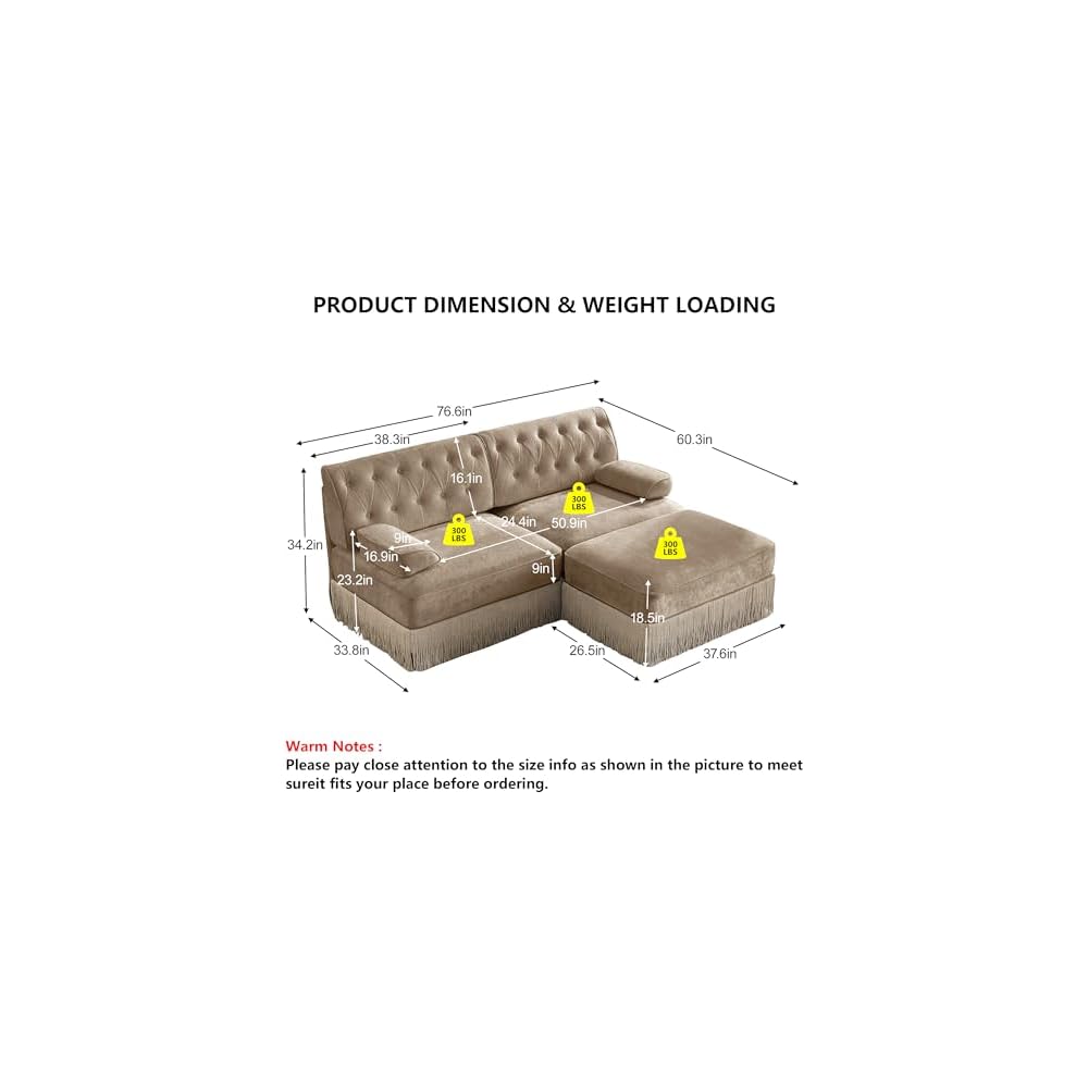 Aoowow Luxury 76.6" L-Shaped Sofas with Tassel,Modular Sectional Velvet Camel 2 Seater Sofa Couch with Ottoman,Vintage Chesterfield L Shape Small Love Seat for Small Spaces Living Room