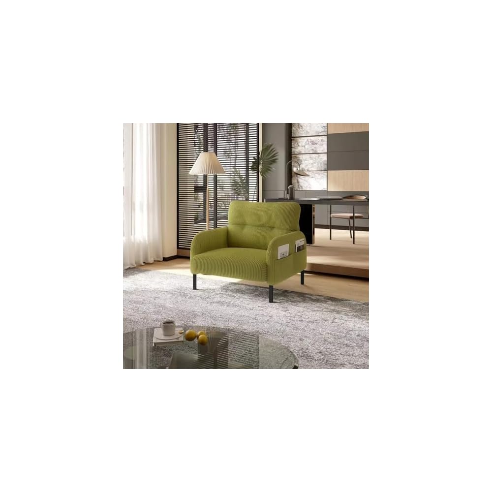 KEIKI 26" Corduroy Single Sofa Chair with Double Side Pockets & High Resilience Cushion, Modern Ergonomic Design Upholstery Oversized 1-Seater Accent Chair, Easy Assembly, for Living Room, Olive Green