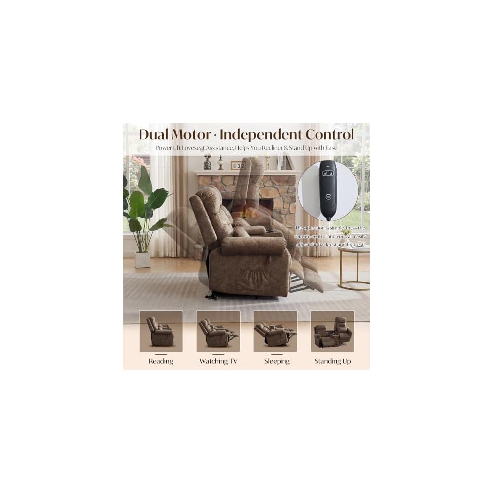 Power Lift Recliner Loveseat Sofa for Elderly, Dual Motor Electric Recliner with Massage & Heat, 2-Seater Velvet Couch with Independent Control, Console, Cup Holder & Power Outlet (Brown, 69”)
