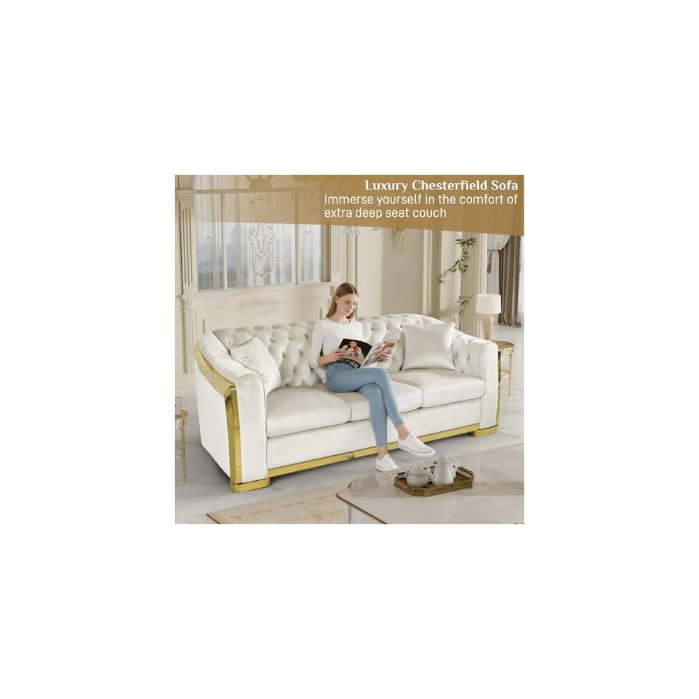 84" Velvet Chesterfield Sofa Luxury Victorian White and Gold Couch, Beige