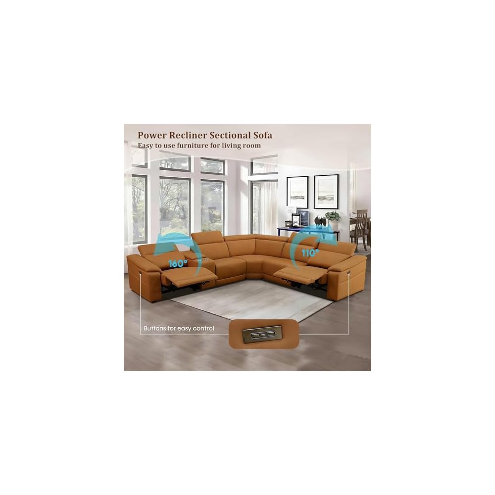 Leather Power Reclining Sectional Sofa with USB Ports for Living Room