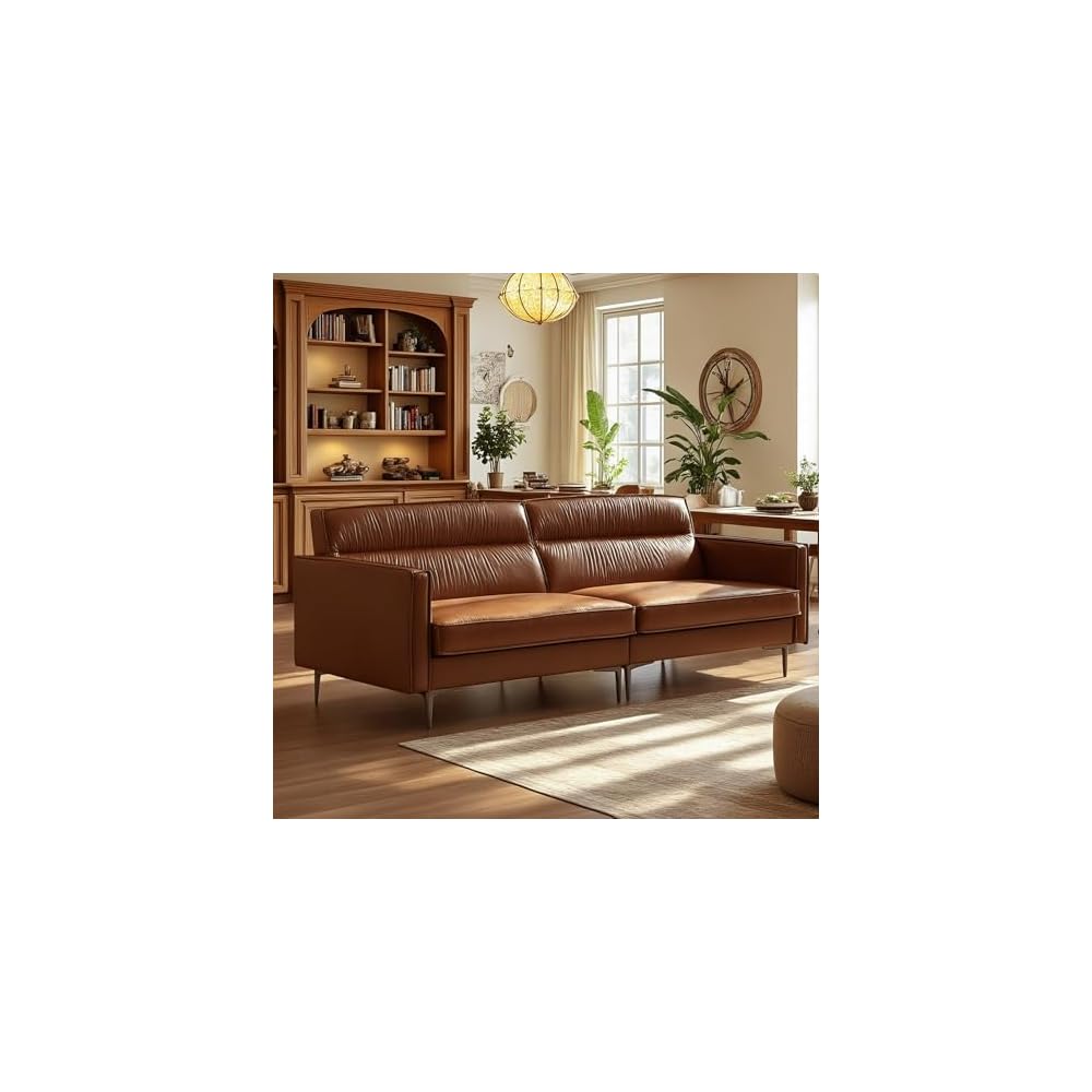 86.61" Brown Mid‑Century 3‑Seater Upholstered Sofa Metal Legs