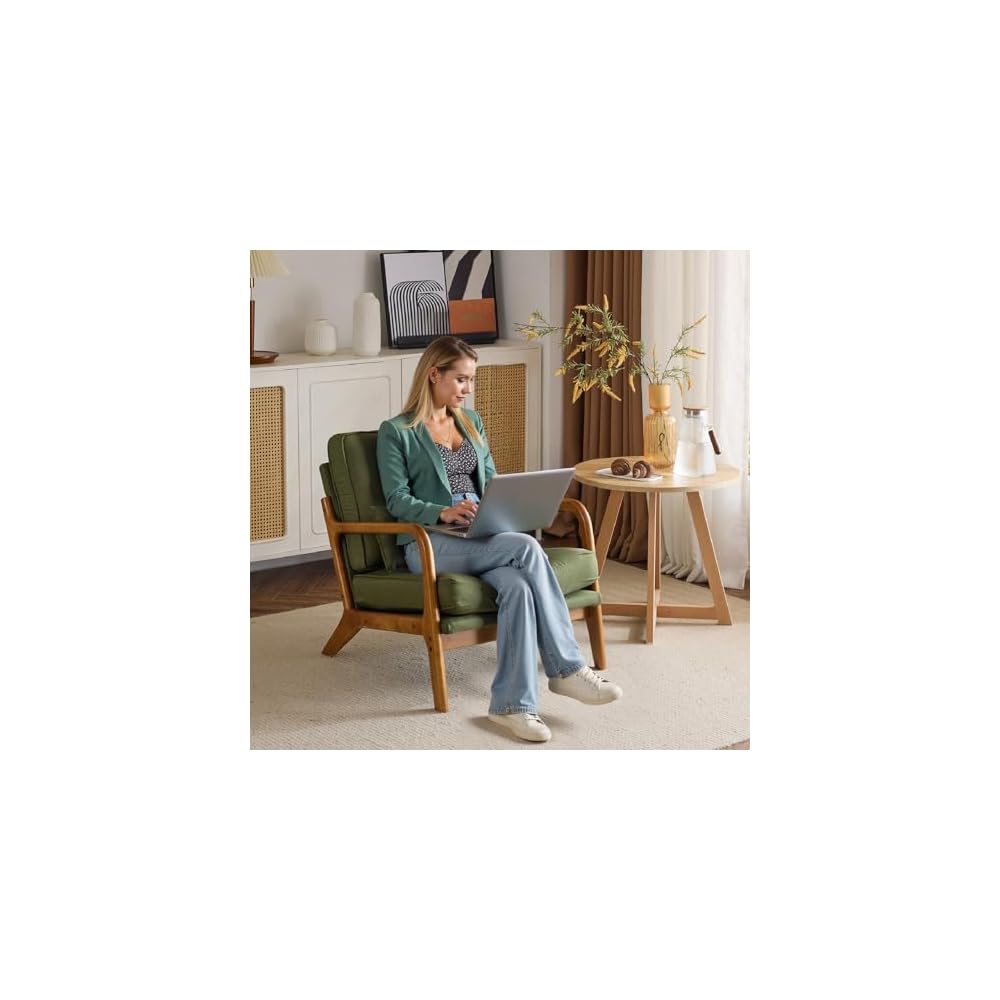 Bonnlo Dark Green Linen Mid Century Modern Accent Chair, Soild Wood Padding Lounge Armchairs Side Sitting Chairs for Living Room, Bedroom, Guest Room