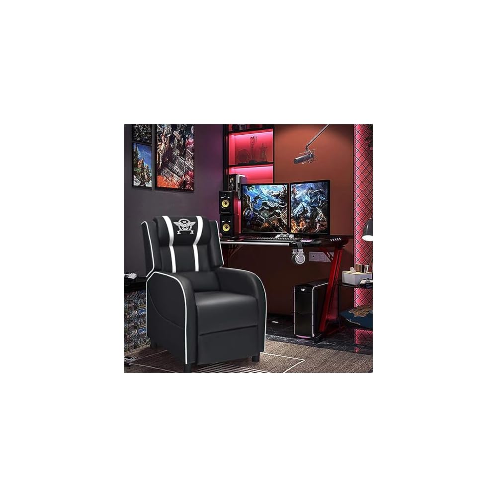 HOMGX Gaming Recliner Chair, Ergonomic PC Computer Chair w/Massage Function & Cushion, Modern Racing Style Single Lounge Sofa with Footrest, Adjustable Recliner Sofa for Adults (White)