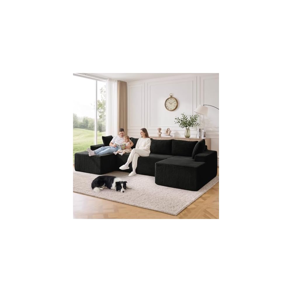 Korser 133" Oversized Modular Sectional Sofa, U-Shaped Boneless Couch with Double Chaise, Comfy Corduroy Cloud Couch Sectional, Deep Seat Sectional Couches for Living Room, No Assembly Required, Black
