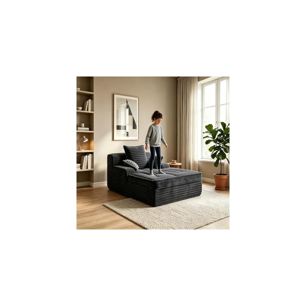 Boneless Chair Chaise Lounge Chair Indoor, Corduroy Upholstered Boneless Sofa Bed, 57'' Deep Seat Sleeper Sofa Reading Chairs, Small Comfy Cloud Sofas Couches for Living Room, Bedroom (Grey)