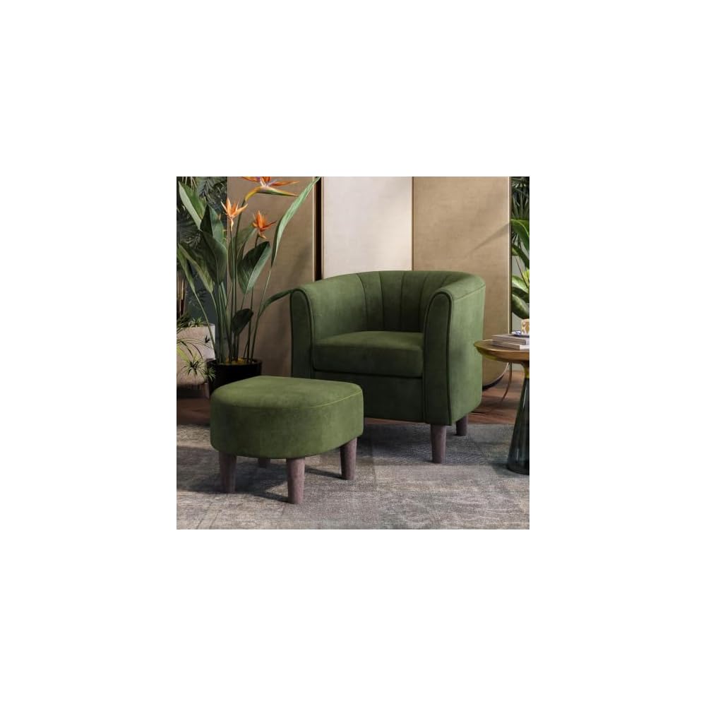 LINSY Accent Chair with Ottoman, Modern Barrel Chair Small Armchair Reading Chair with Footrest, Comfy Round Arms Chair for Living Room Bedroom Reading Room, Velvet, Beige