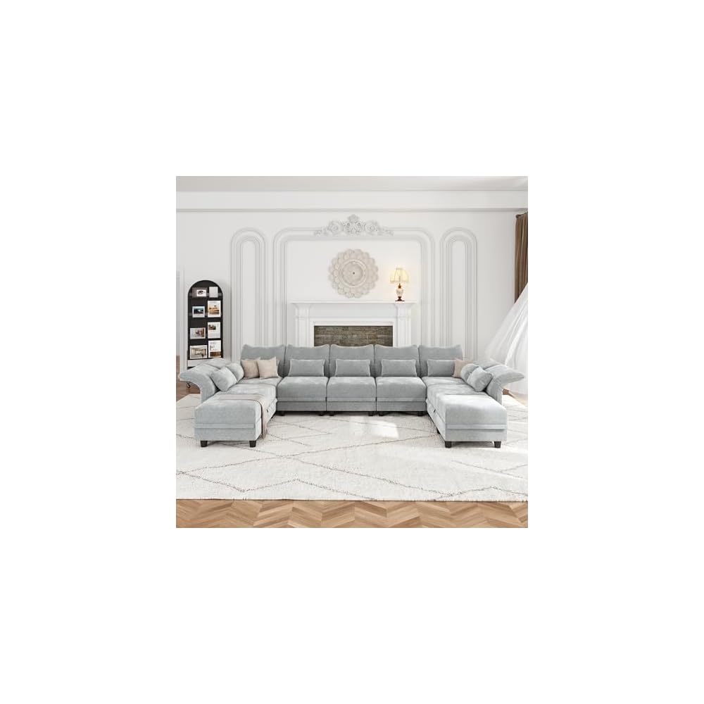 LLappuil 154" Oversized Modular Sectional Sofa with Storage 9 Seat U Shaped Sectional Couches for Living Room with Adjustable Arms Backs, Convertible to L Shape/U Shape/Sleeper Sofa, Grey Chenille