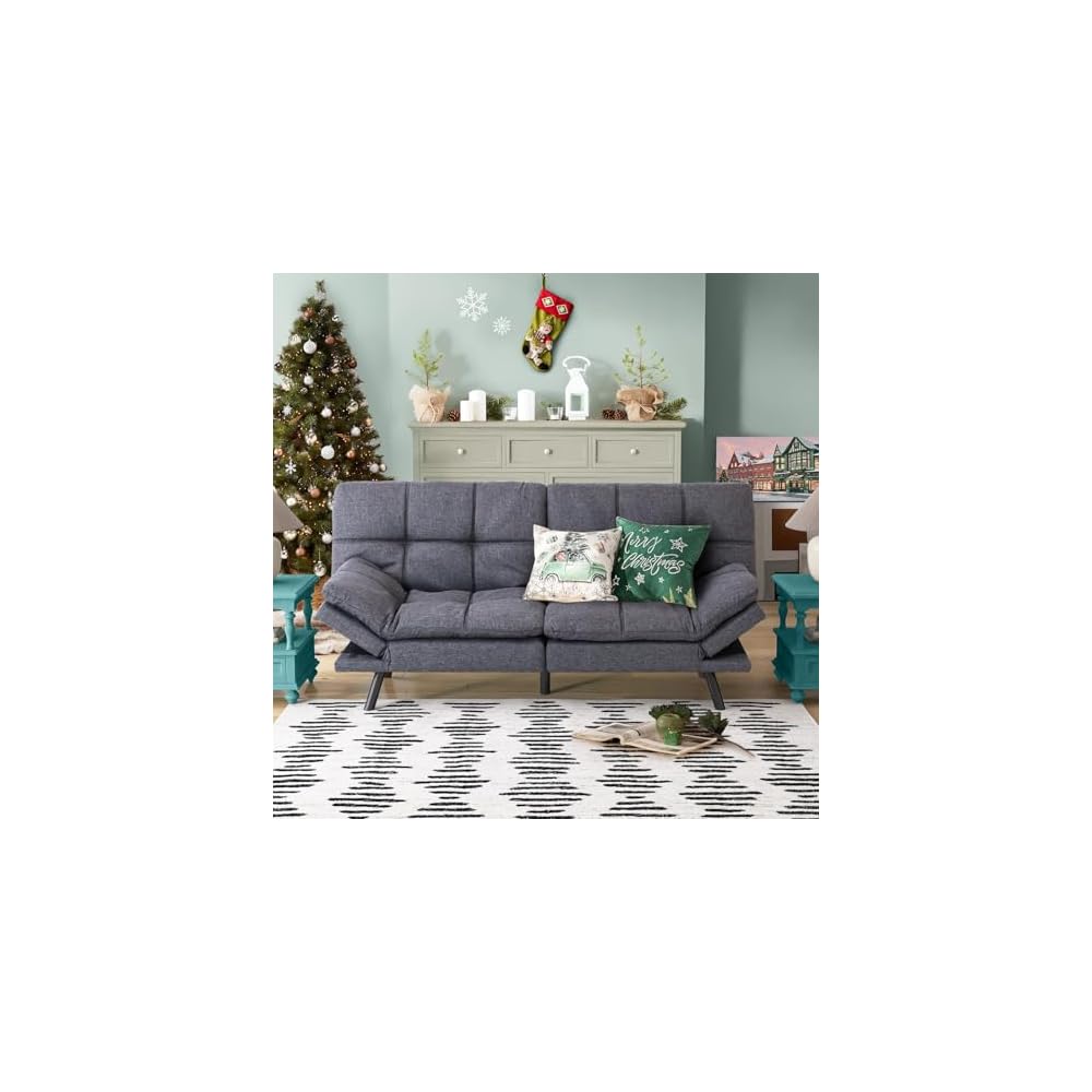 Futon Sofa Bed, Grey Linen Memory Foam Futon Sleeper Sofa Loveseat Convertible Couch Bed for Small Compact Living Spaces,Apartment
