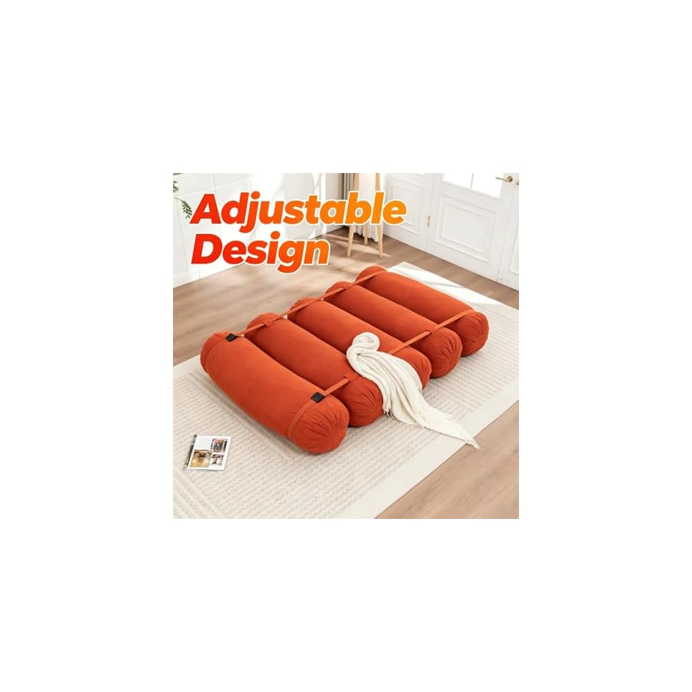 Adjustable Sofa Bed Corduroy Lazy Lounge Chair 5 Cylinder Roll Cushion with Tie Straps Multi-Person Leisure Chair for Living Room, Bedroom, Orange
