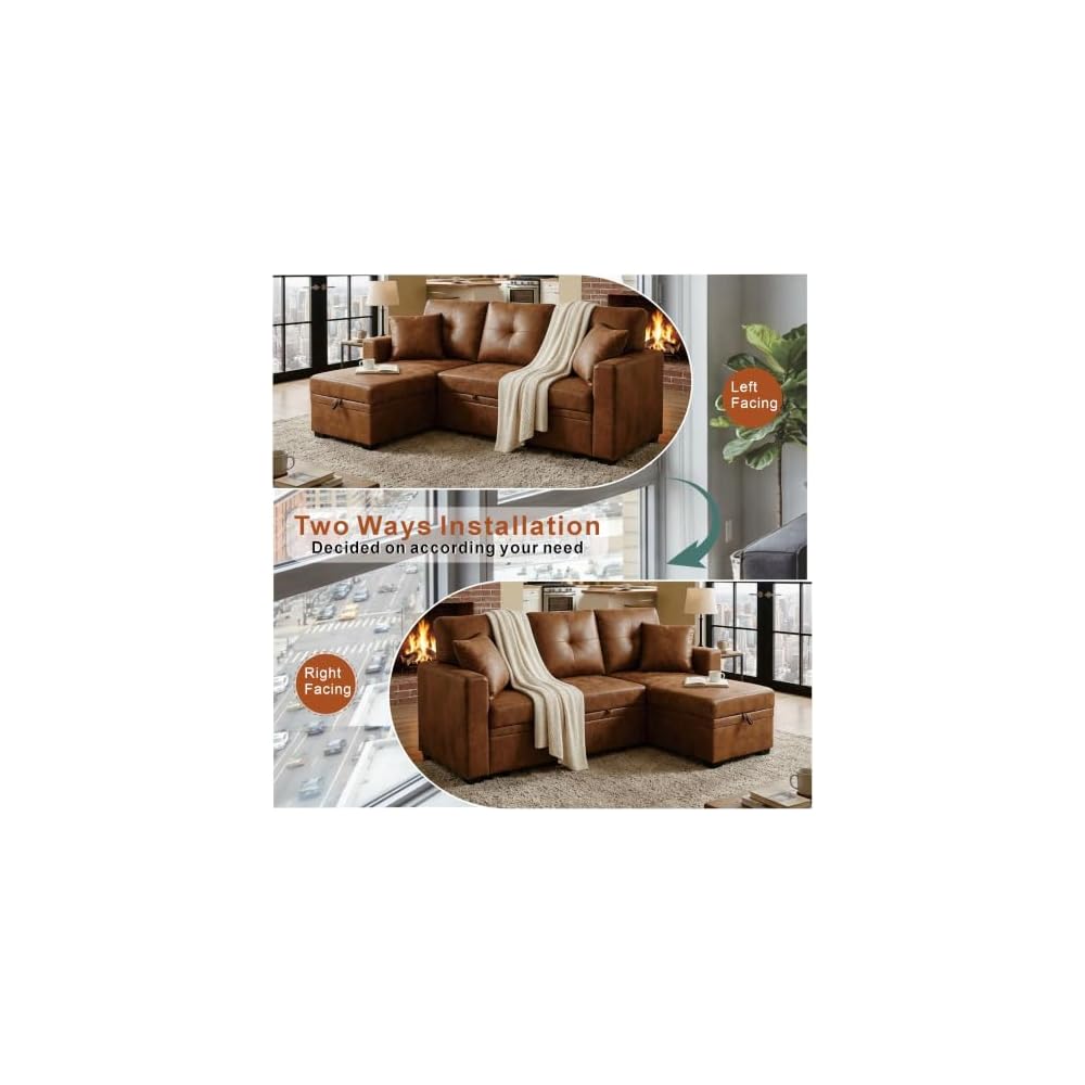 71" Convertible Sectional Sleeper Sofa with Pull Out Bed, Reversible L-Shaped Couch with Storage Chaise, 3 Seater Sofa Bed for Apartment & Small Spaces, Leather-Look Distressed Fabric, Brown