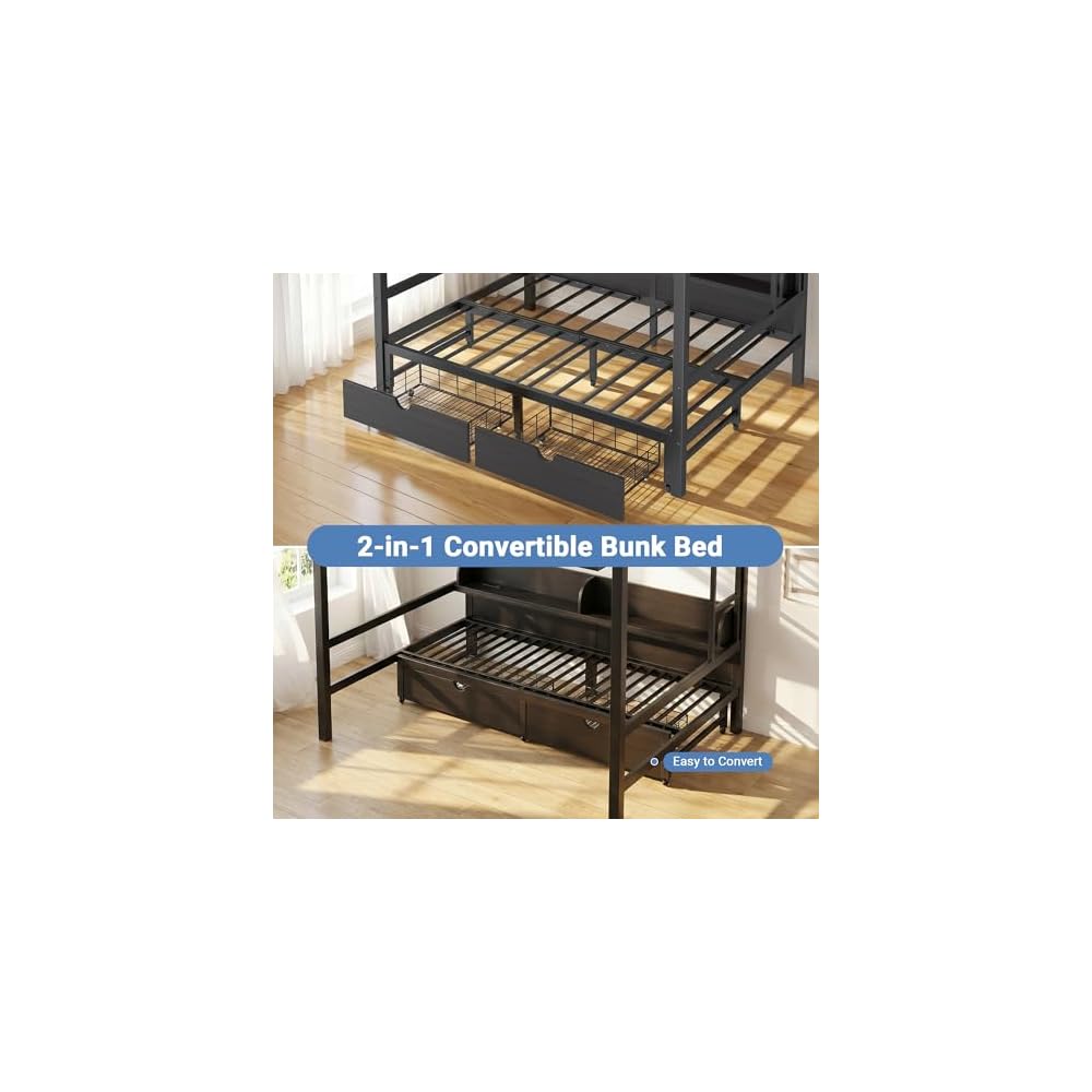 Queen Over Queen Bunk Bed, Heavy-Duty Metal Bunk Bed, Black