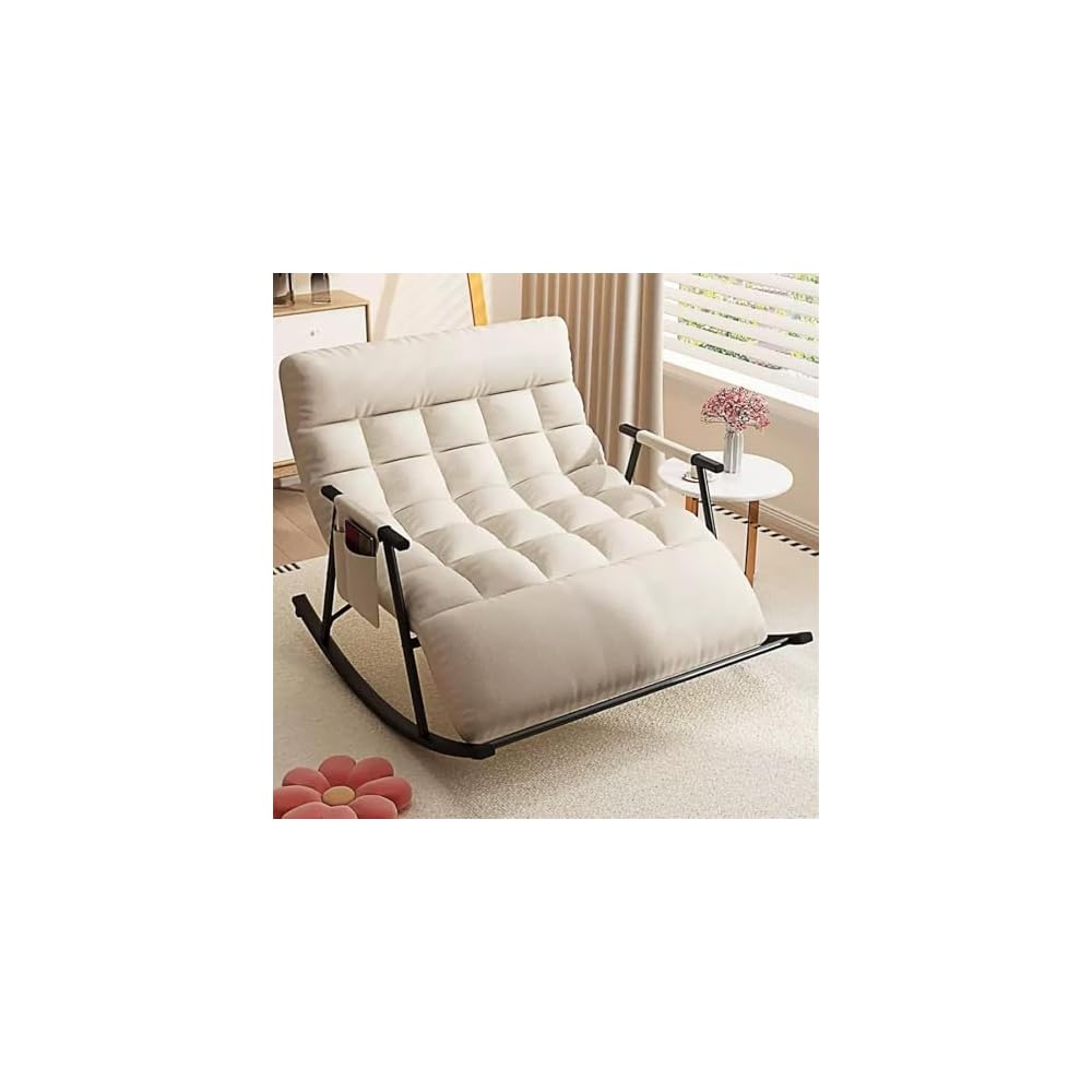 Cozy Modern Rocking Chair with Soft Cushion for Living Room, Bedroom & Outdoor - Zero Gravity Lounge Chair with Armrests (Off White, Black Legs)