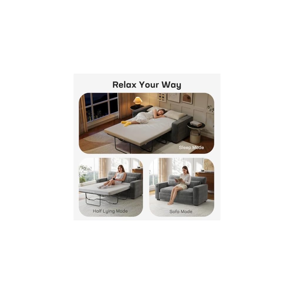Marsail Pull Out Sofa Bed, Full Size Sleeper Sofa with Memory Foam Mattress, 2 USB Charging and Removable Covers, Loveseat for Living Room, Apartment, Supports 600 LBS, Chenille Fabric, Grey