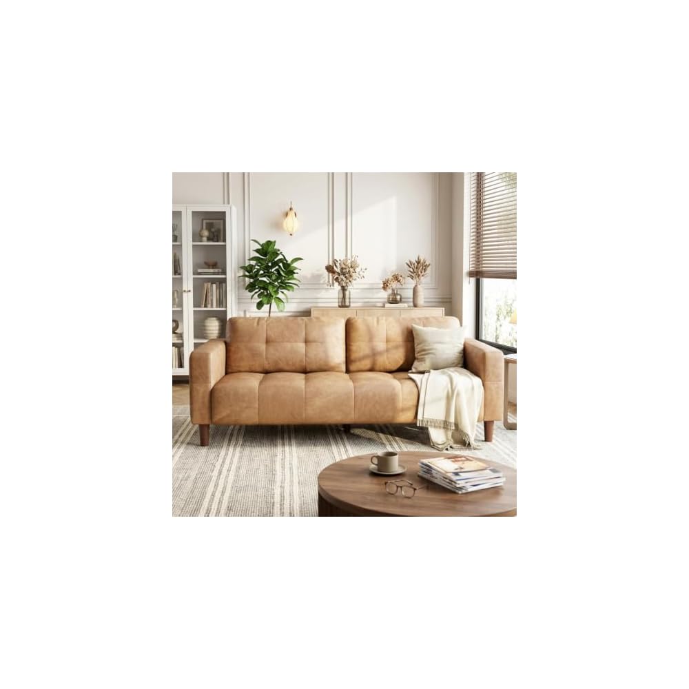 IDEALHOUSE Mid-Century Modern 3-Seater Faux Leather Sofa Couch – Removable Back Cushions – Wide Armrests – Sturdy and Comfortable, Easy to Clean, Ideal for Living Room, Apartment, Office – PU Orange
