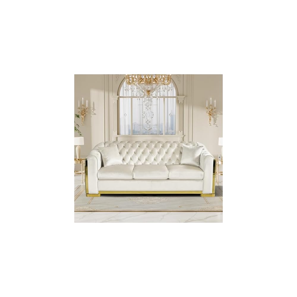 84" Velvet Chesterfield Sofa Luxury Victorian White and Gold Couch, Beige