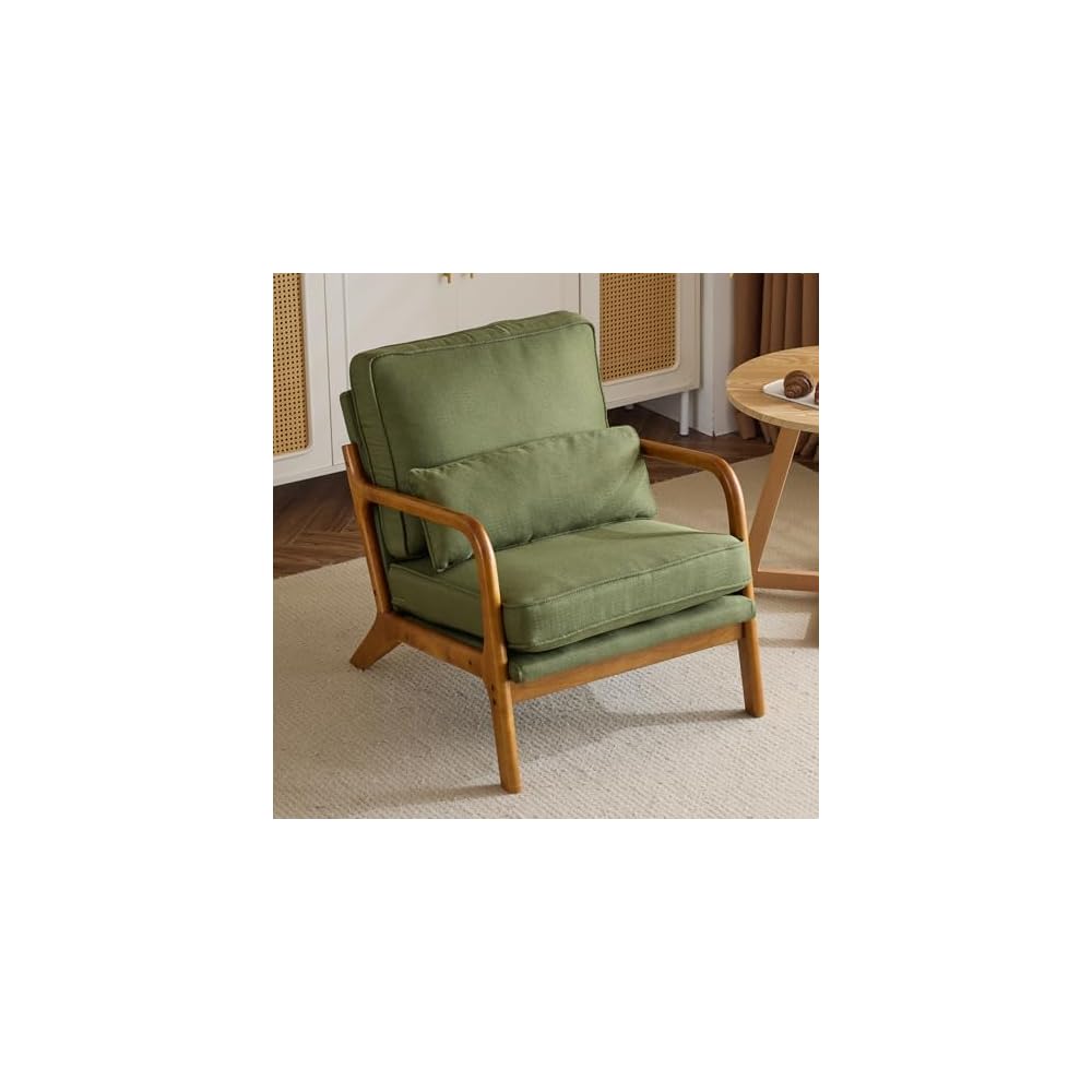 Bonnlo Dark Green Linen Mid Century Modern Accent Chair, Soild Wood Padding Lounge Armchairs Side Sitting Chairs for Living Room, Bedroom, Guest Room