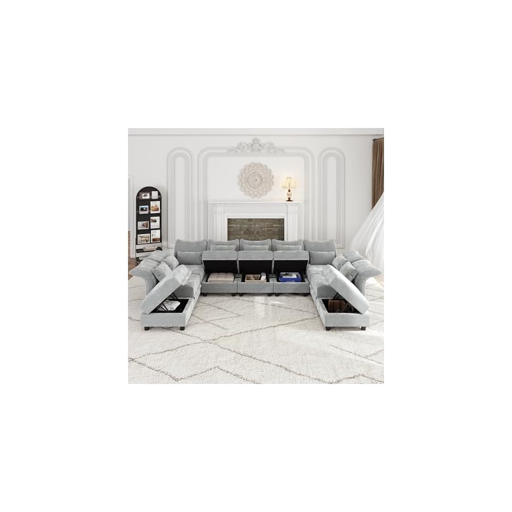 LLappuil 154" Oversized Modular Sectional Sofa with Storage 9 Seat U Shaped Sectional Couches for Living Room with Adjustable Arms Backs, Convertible to L Shape/U Shape/Sleeper Sofa, Grey Chenille