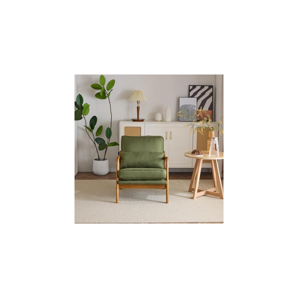 Bonnlo Dark Green Linen Mid Century Modern Accent Chair, Soild Wood Padding Lounge Armchairs Side Sitting Chairs for Living Room, Bedroom, Guest Room