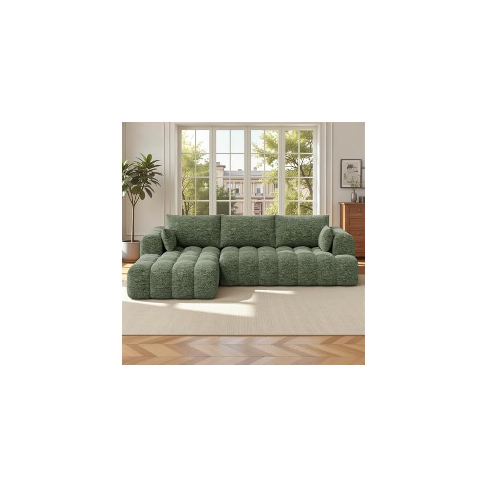 108” Boneless Couch, Cloud Couch with L-Shape Chaise, Modular Sectional Sofa with Oversized Deep Seat,Couch for Living Room Bedroom,No Assembly Required,Green