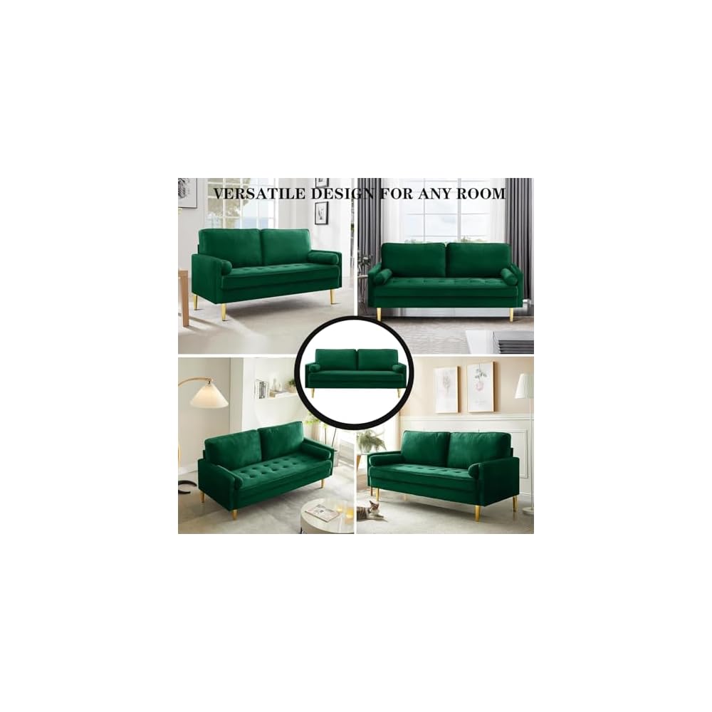 Modern Green Velvet Loveseat Couch,Futon Small Sofa with Metal Legs ,2-Seater Upholstered Mini Couches for Small Space,Living Room Bedroom Office Dorm Studio Apartment Love Seat Couche (Green)