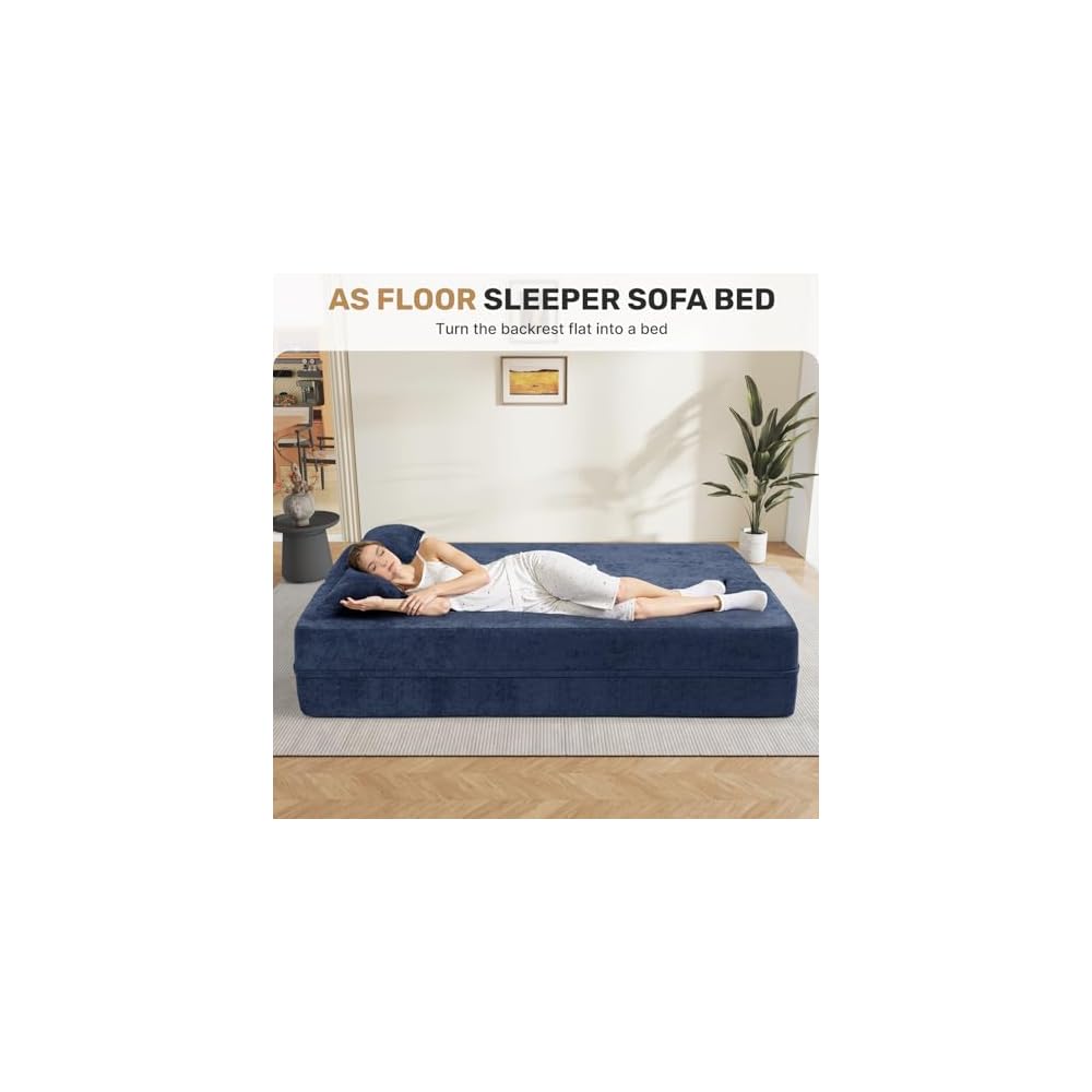 Nebuaegis 78" Convertible Folding Sofa Bed, 2 in 1 Velvet Loveseat Floor Sleeper Sofa, Boneless Memory Foam Mattress Couch for Small Spaces,No Assembly Required,Blue,1 PCS