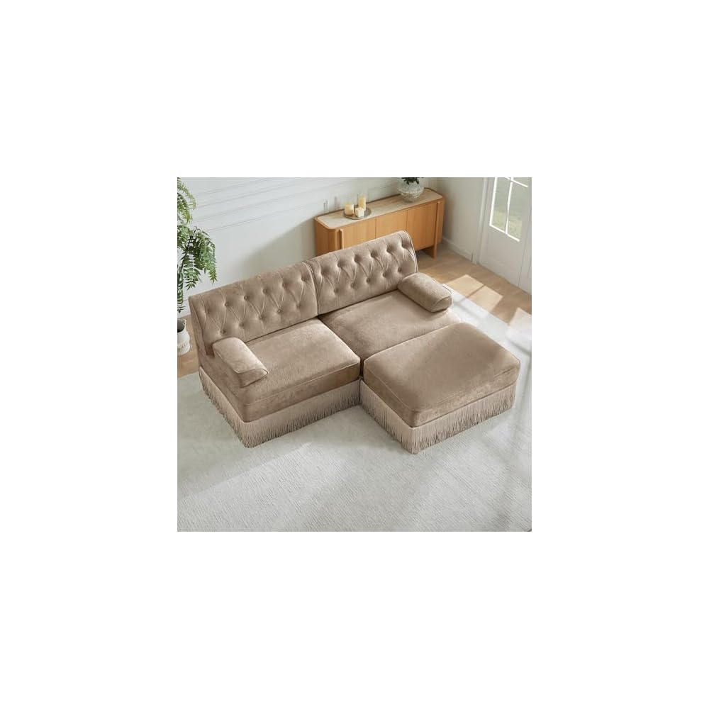 Aoowow Luxury 76.6" L-Shaped Sofas with Tassel,Modular Sectional Velvet Camel 2 Seater Sofa Couch with Ottoman,Vintage Chesterfield L Shape Small Love Seat for Small Spaces Living Room