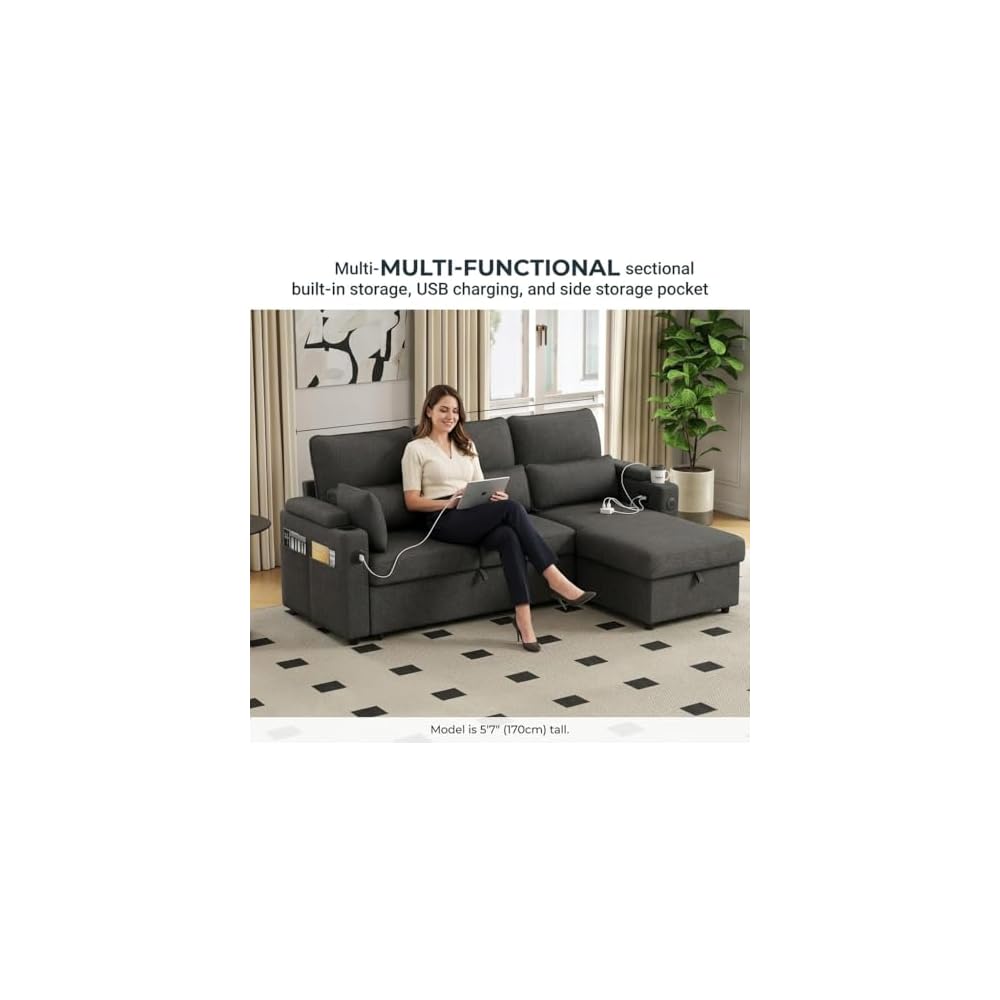 L-Shaped Sectional Sofa with Storage, Reversible Sleeper Sofa Couch with Chaise, Soft Fabric Upholstered Modular Couch with Cup Holder & Side Pockets, 1000lbs Capacity for Living Room (Black, 3-Seat)