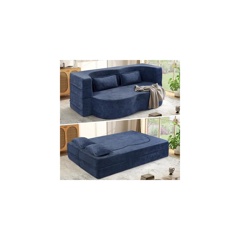 Nebuaegis 78" Convertible Folding Sofa Bed, 2 in 1 Velvet Loveseat Floor Sleeper Sofa, Boneless Memory Foam Mattress Couch for Small Spaces,No Assembly Required,Blue,1 PCS