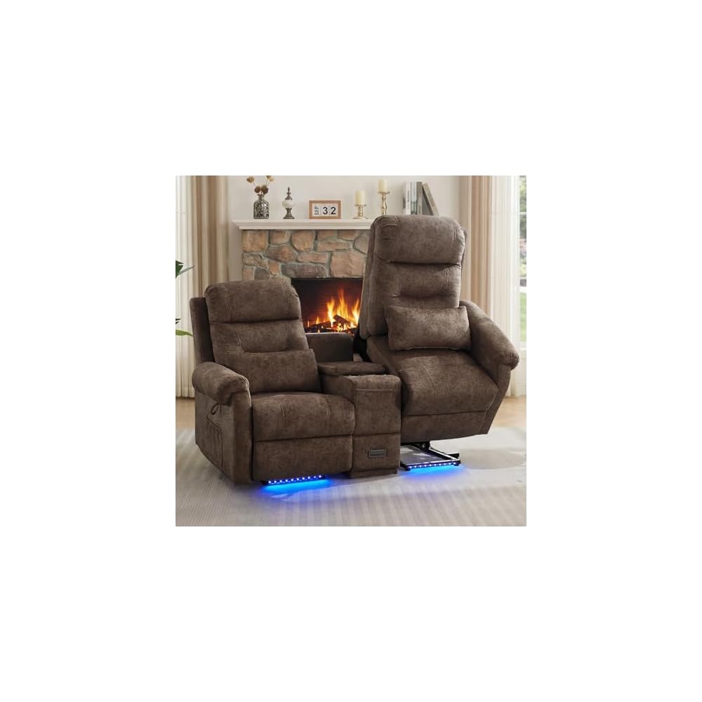 Power Lift Recliner Loveseat Sofa for Elderly, Dual Motor Electric Recliner with Massage & Heat, 2-Seater Velvet Couch with Independent Control, Console, Cup Holder & Power Outlet (Brown, 69”)