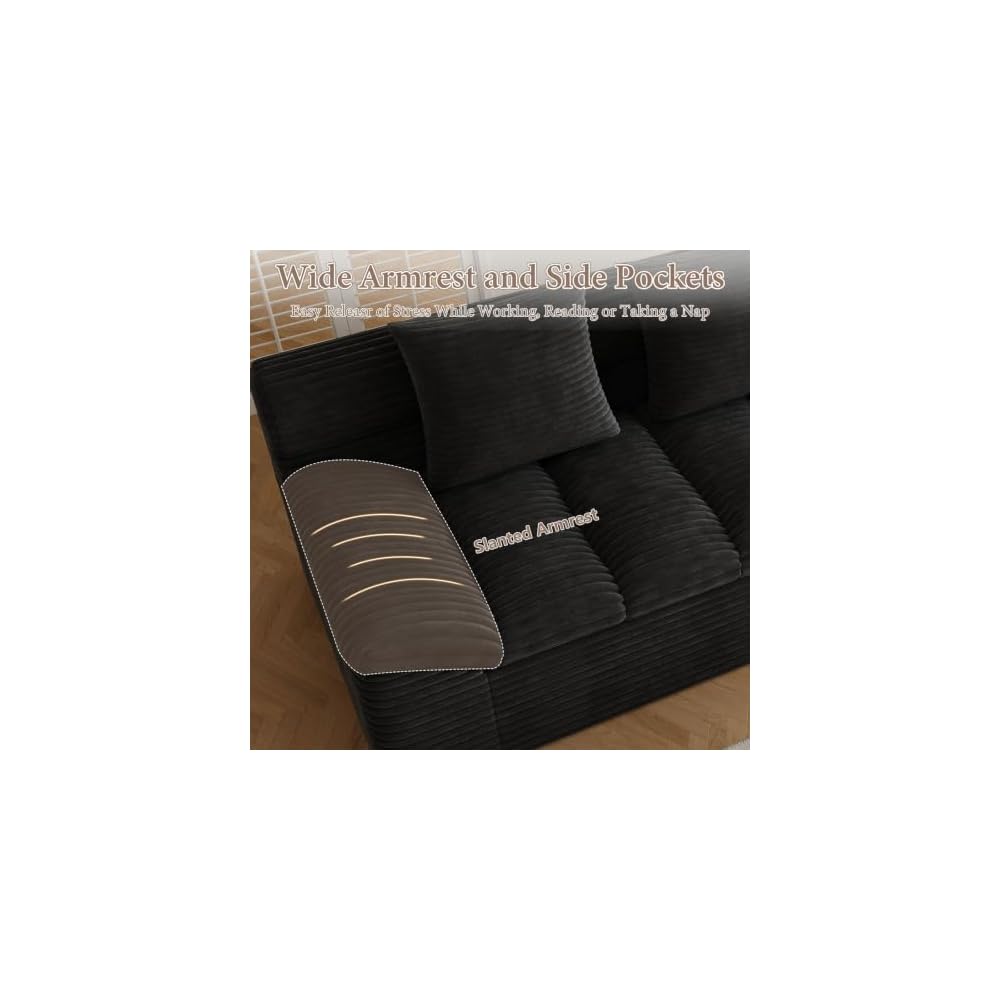 74" Cloud Corduroy Boneless Loveseat Couch in a Box, Small Boneless Couch for Living Room Memory Foam Compressed Couches Sofa with 3 Pillows & Side Pockets Slanted Armrest, No Assembly Required, Black