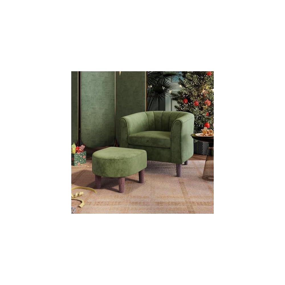 LINSY Accent Chair with Ottoman, Modern Barrel Chair Small Armchair Reading Chair with Footrest, Comfy Round Arms Chair for Living Room Bedroom Reading Room, Velvet, Beige