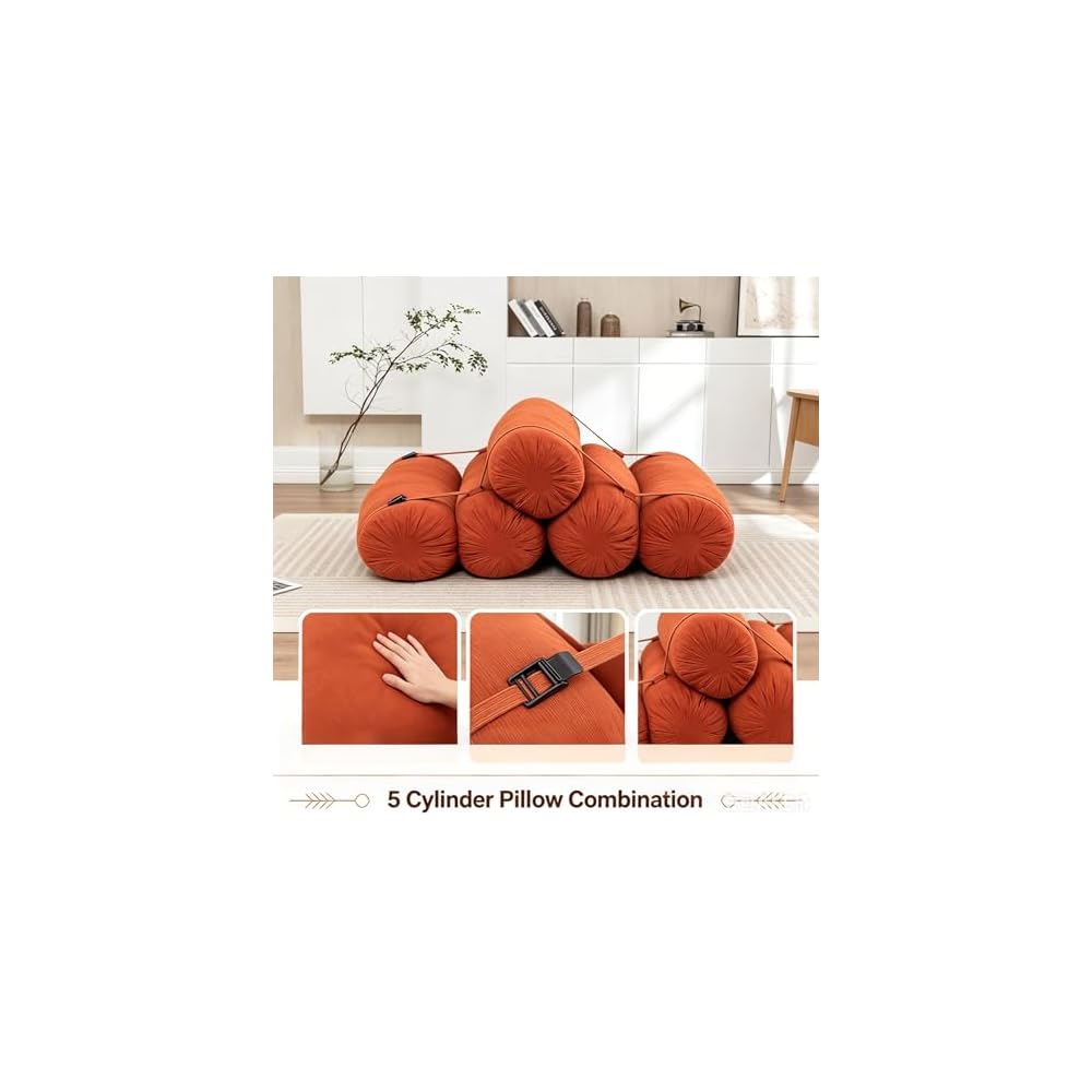 Adjustable Sofa Bed Corduroy Lazy Lounge Chair 5 Cylinder Roll Cushion with Tie Straps Multi-Person Leisure Chair for Living Room, Bedroom, Orange
