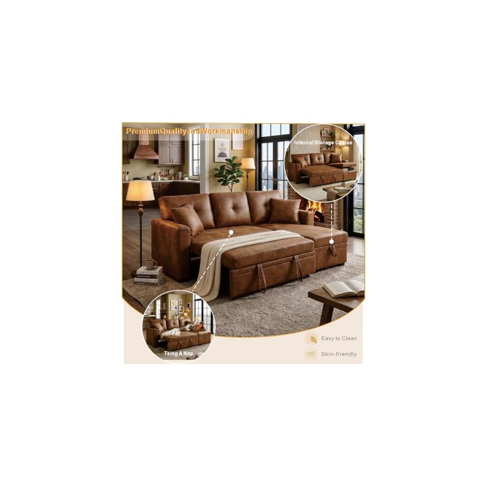 71" Convertible Sectional Sleeper Sofa with Pull Out Bed, Reversible L-Shaped Couch with Storage Chaise, 3 Seater Sofa Bed for Apartment & Small Spaces, Leather-Look Distressed Fabric, Brown