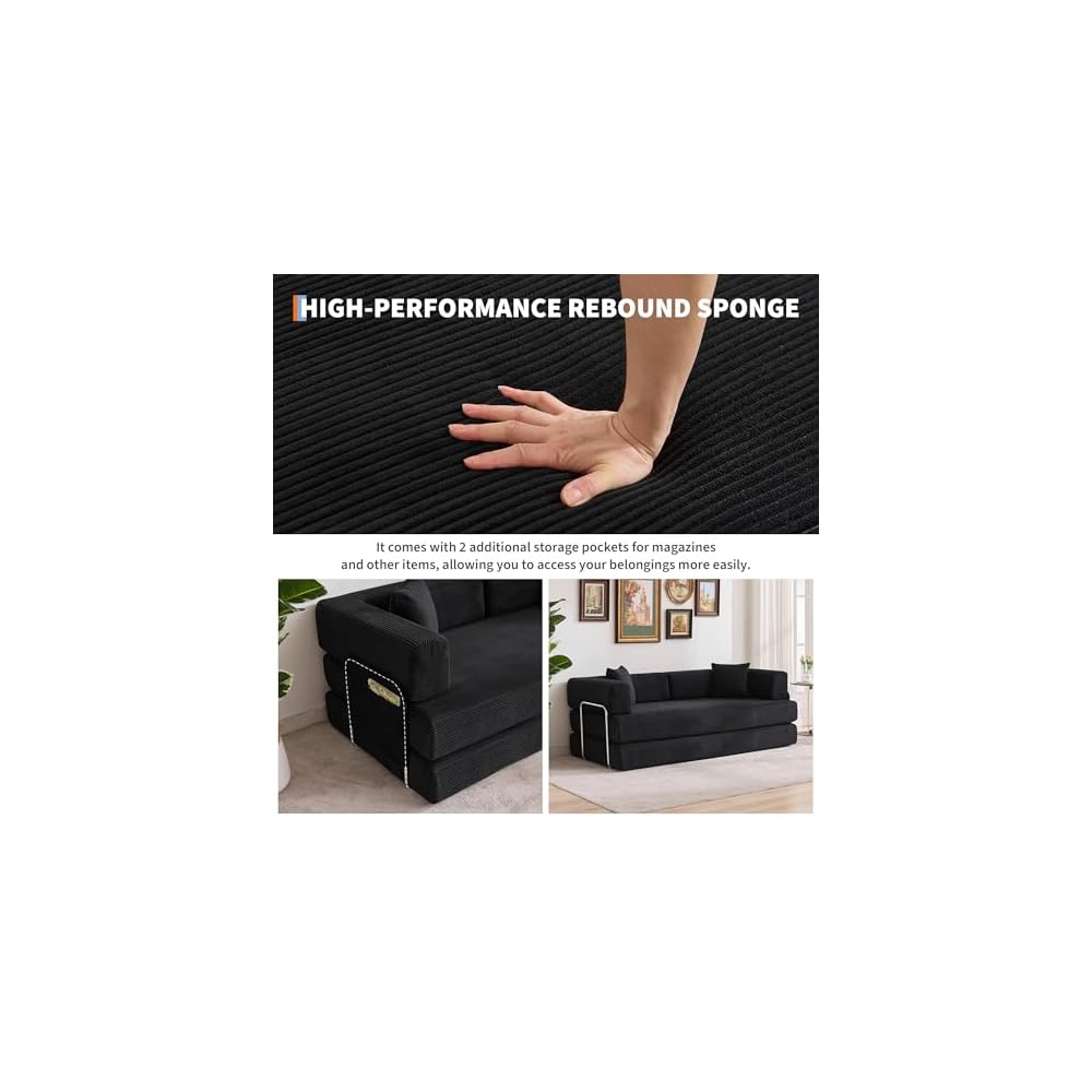 IDEALHOUSE Convertible Sofa Bed 5-in-1, 78.8 Inch Folding Futon Couch with Pull Out Bed, Corduroy Upholstered No-Assembly Loveseat Sleeper for Living Room, Bedroom, Lounge, Black