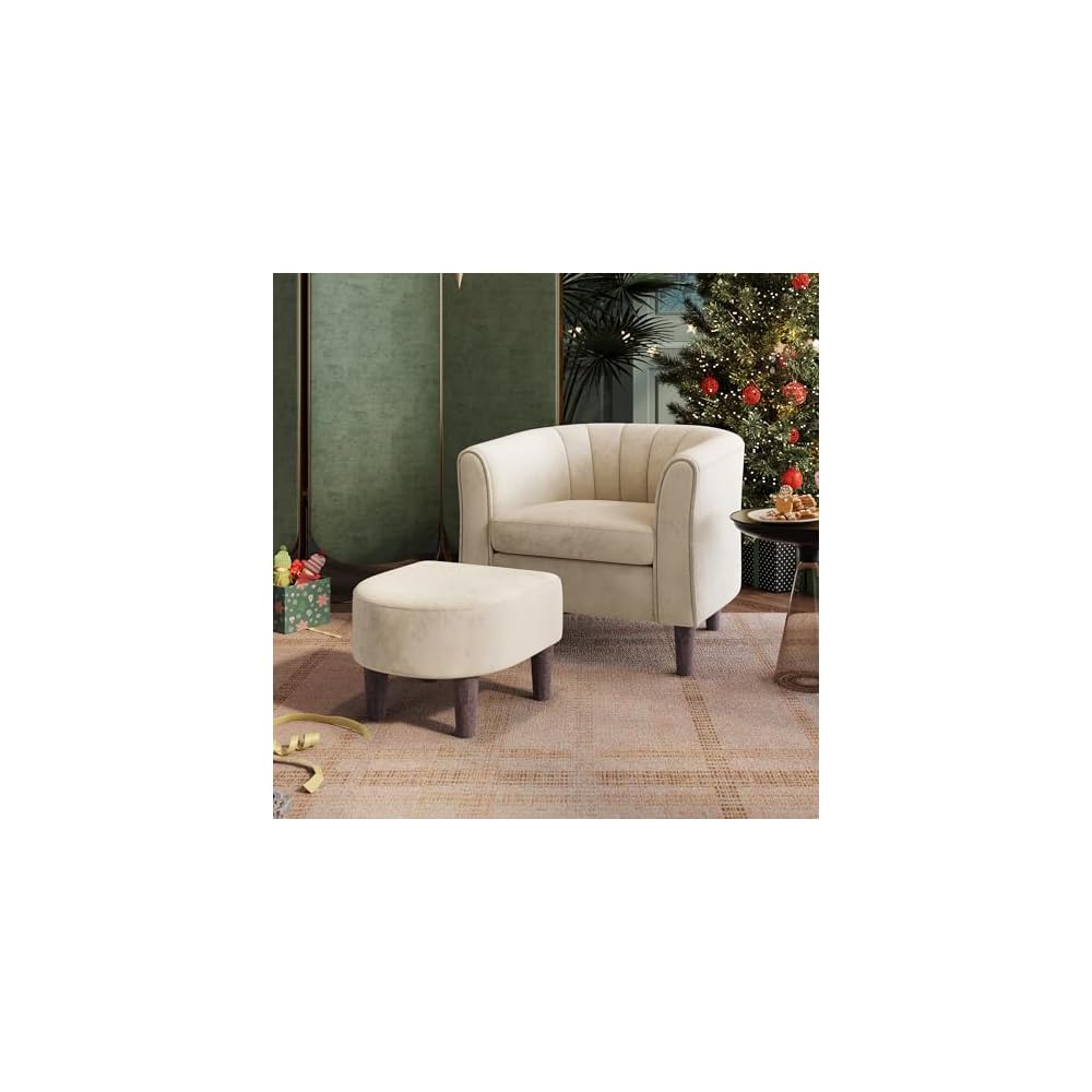 LINSY Accent Chair with Ottoman, Modern Barrel Chair Small Armchair Reading Chair with Footrest, Comfy Round Arms Chair for Living Room Bedroom Reading Room, Velvet, Beige