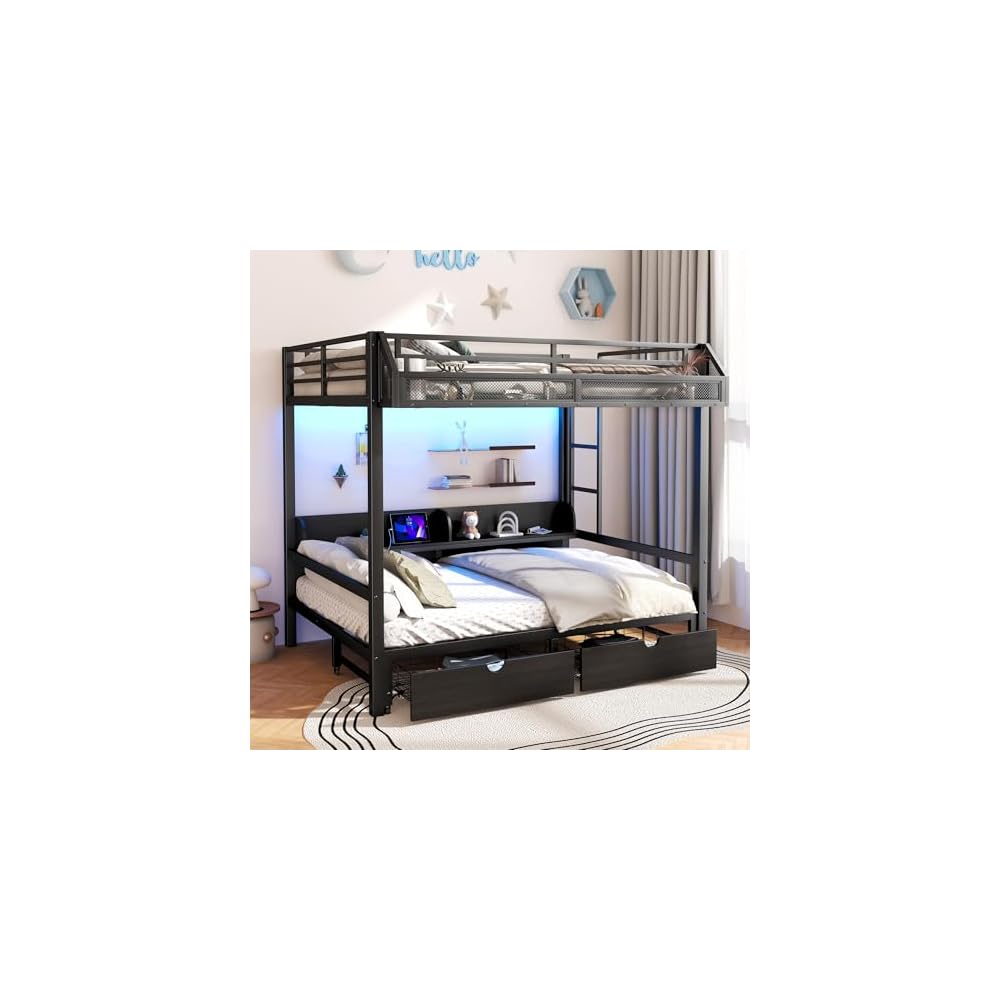 Queen Over Queen Bunk Bed, Heavy-Duty Metal Bunk Bed, Black