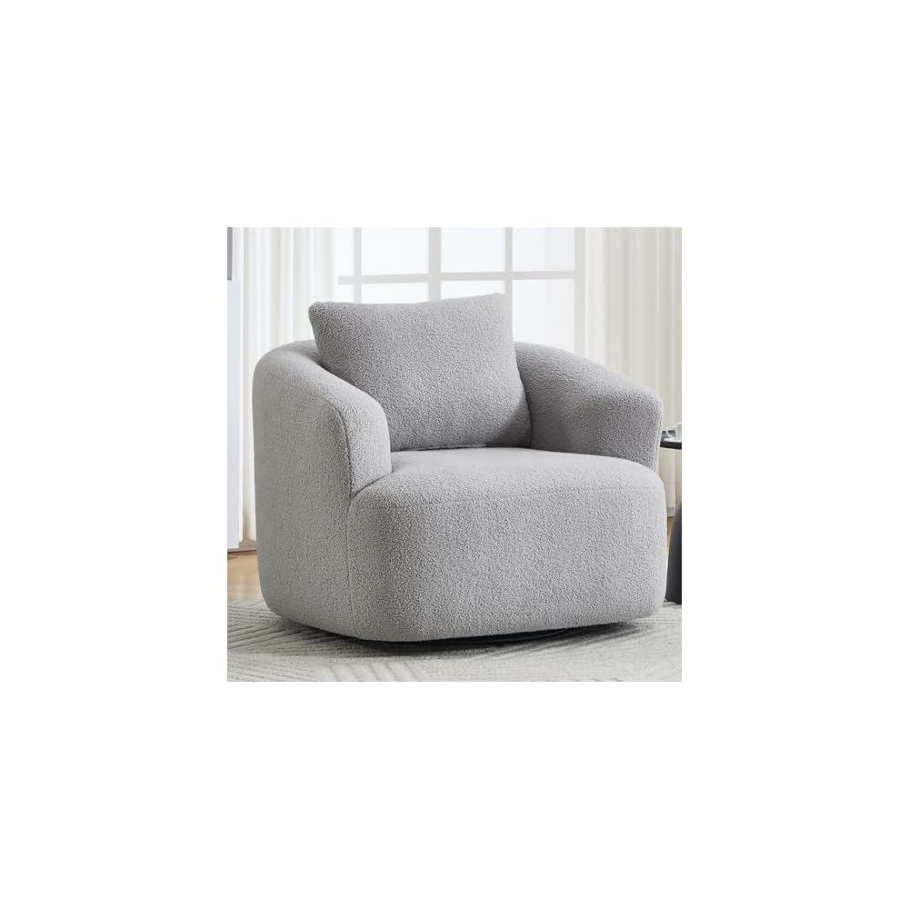 360° Swivel Round Accent Chair with Soft Pillow, Comfy Teddy Fleece Upholstered Barrel Chair, No Assembly Single Sofa for Living Room, Bedroom, Apartment (Antique Dark Grey)