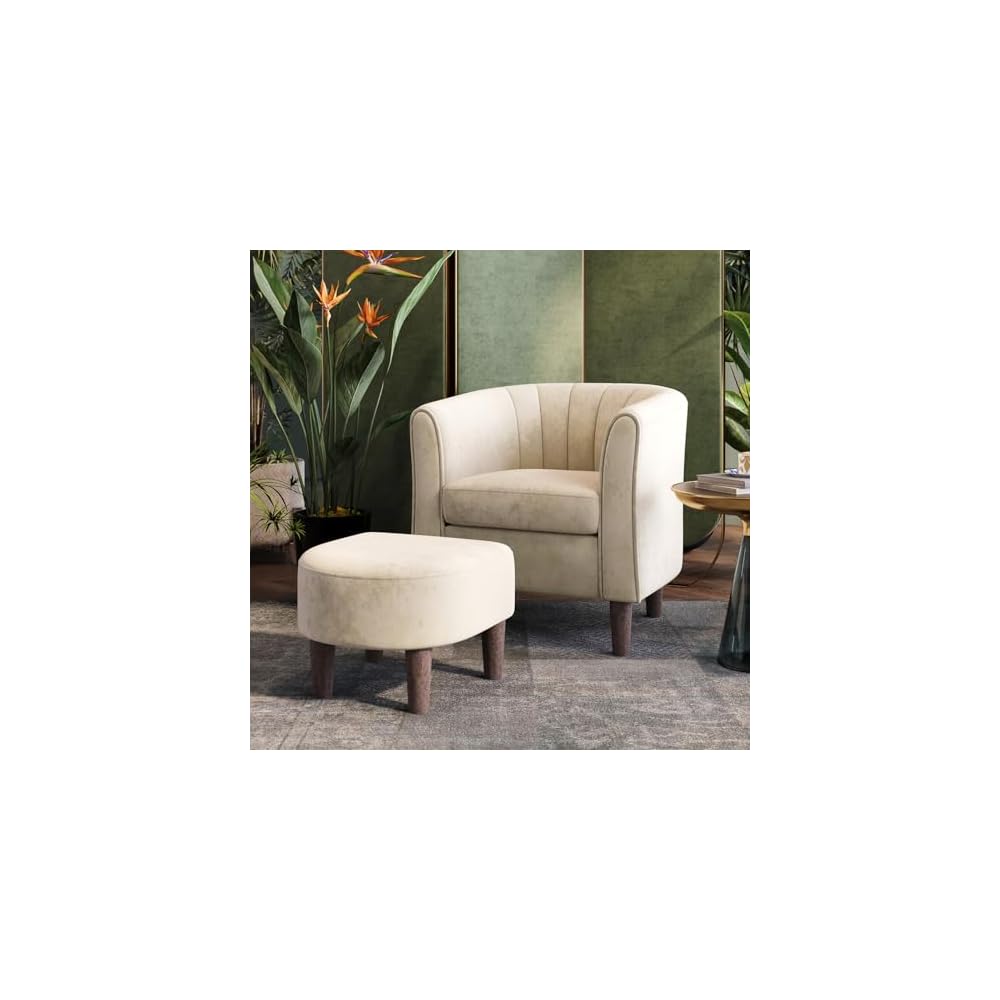 LINSY Accent Chair with Ottoman, Modern Barrel Chair Small Armchair Reading Chair with Footrest, Comfy Round Arms Chair for Living Room Bedroom Reading Room, Velvet, Beige