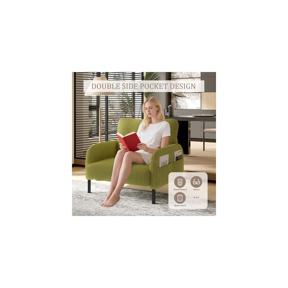 KEIKI 26" Corduroy Single Sofa Chair with Double Side Pockets & High Resilience Cushion, Modern Ergonomic Design Upholstery Oversized 1-Seater Accent Chair, Easy Assembly, for Living Room, Olive Green