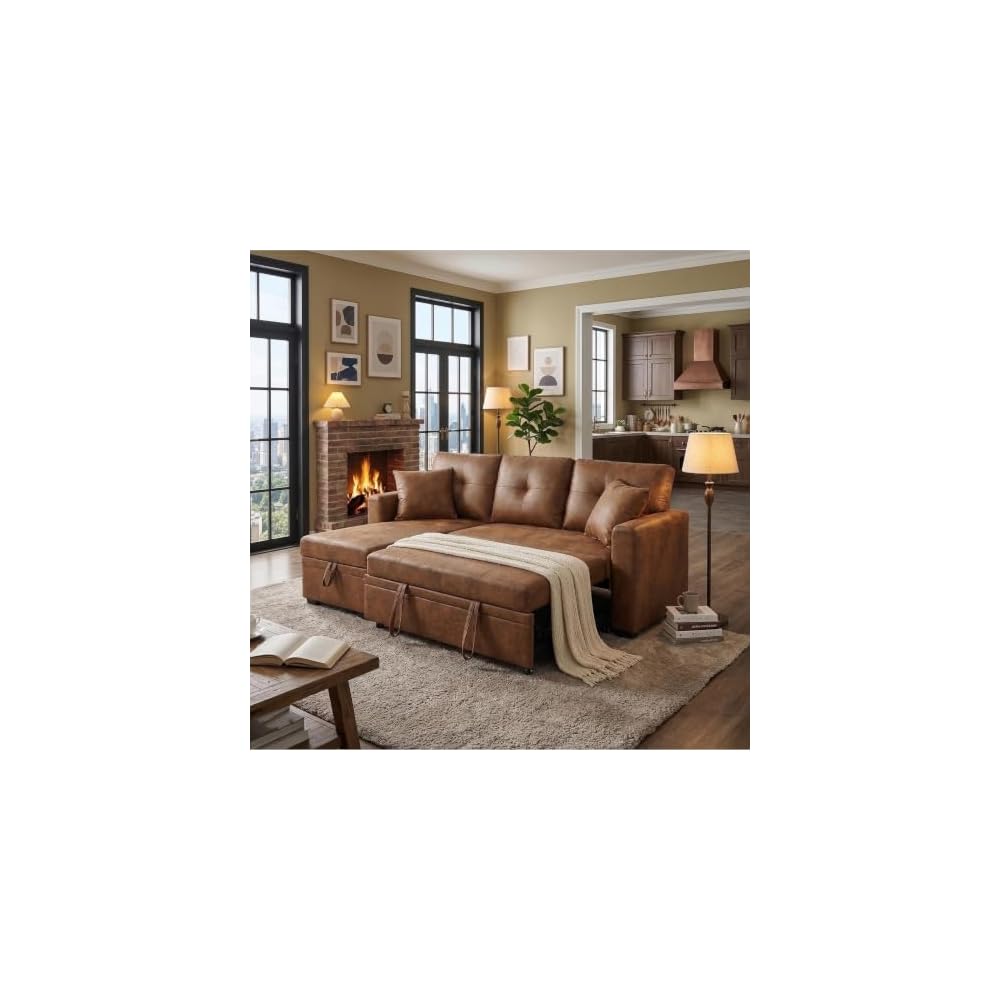 71" Convertible Sectional Sleeper Sofa with Pull Out Bed, Reversible L-Shaped Couch with Storage Chaise, 3 Seater Sofa Bed for Apartment & Small Spaces, Leather-Look Distressed Fabric, Brown