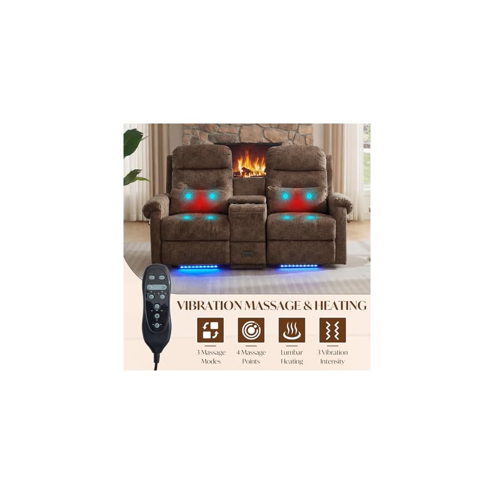 Power Lift Recliner Loveseat Sofa for Elderly, Dual Motor Electric Recliner with Massage & Heat, 2-Seater Velvet Couch with Independent Control, Console, Cup Holder & Power Outlet (Brown, 69”)
